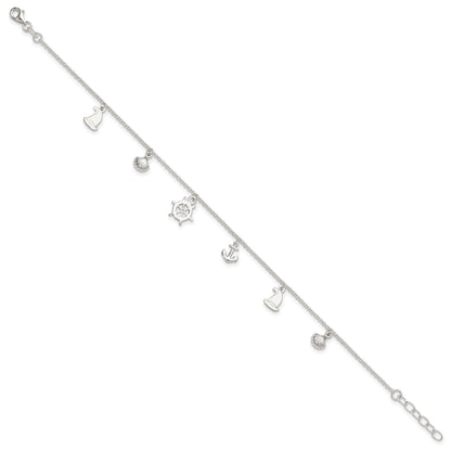 Sterling Silver Ocean Theme Charms 9 inch Plus 1 inch Extender - Total 10 inch Anklet