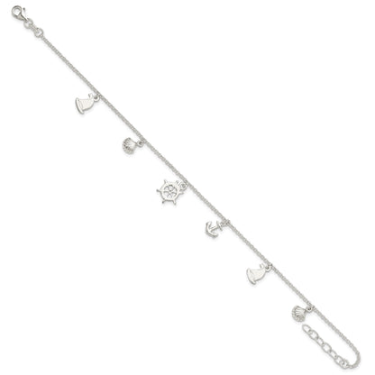 Sterling Silver Ocean Theme Charms 9 inch Plus 1 inch Extender - Total 10 inch Anklet