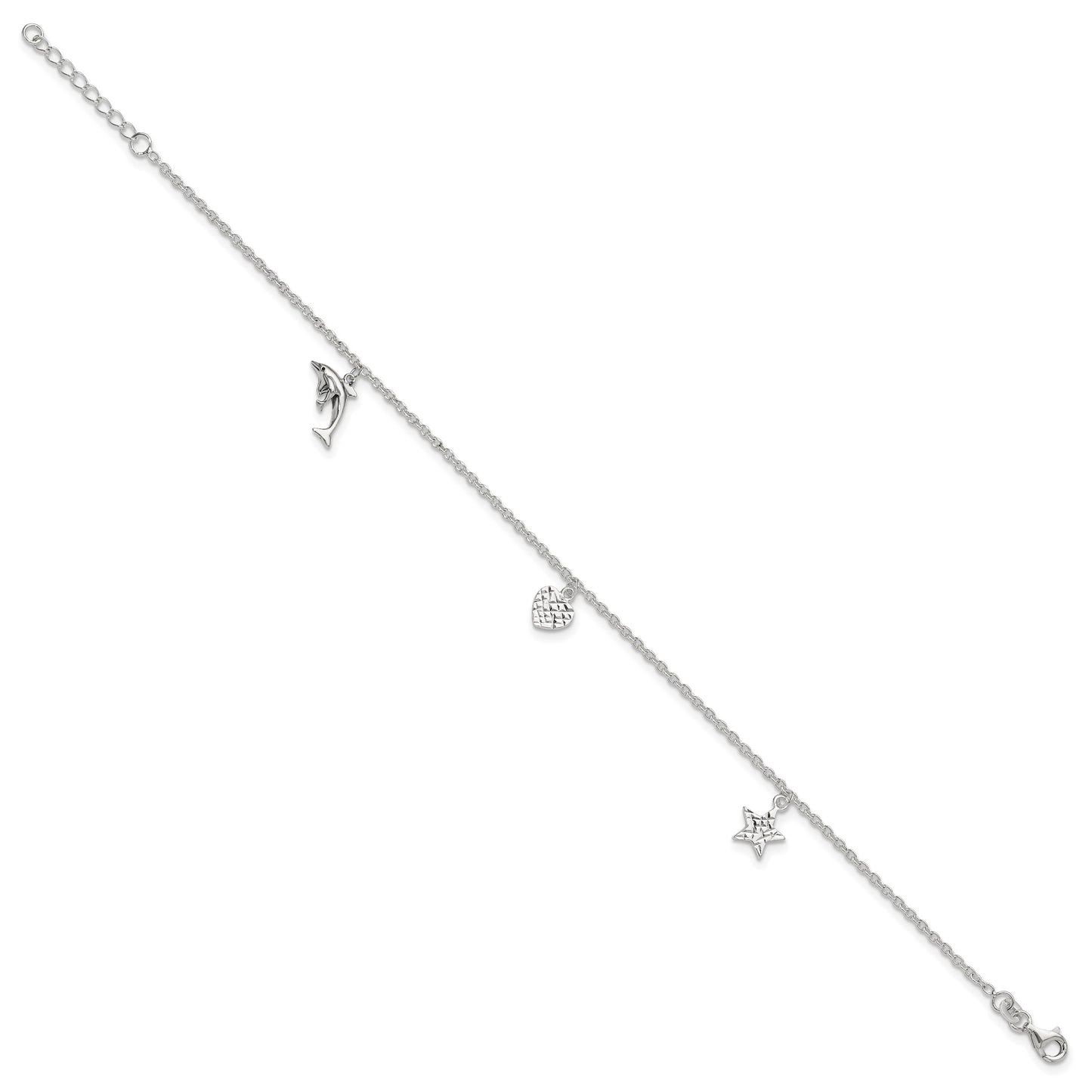 Sterling Silver Heart/Star/Dolphin Charms 9 inch Plus 1 inch Extender - Total 10 inch Anklet