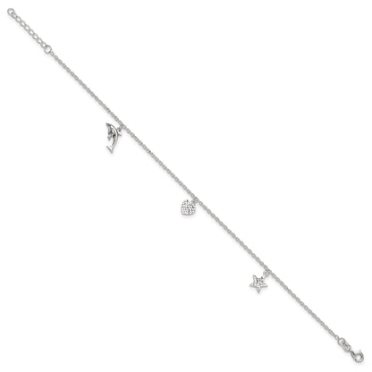 Sterling Silver Heart/Star/Dolphin Charms 9 inch Plus 1 inch Extender - Total 10 inch Anklet
