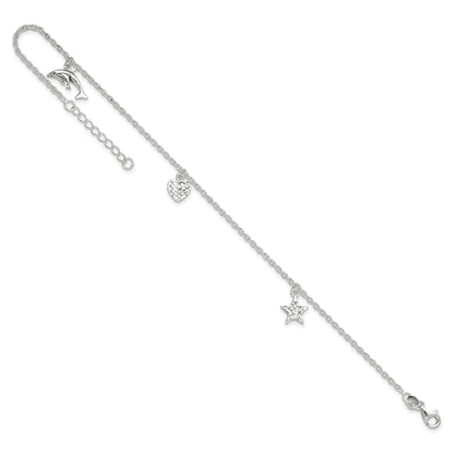 Sterling Silver Heart/Star/Dolphin Charms 9 inch Plus 1 inch Extender - Total 10 inch Anklet