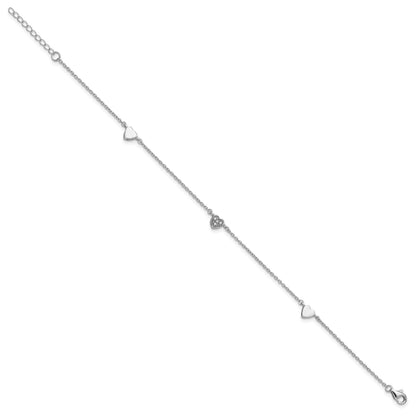 Sterling Silver Rhodium-plated CZ Heart 9 inch Plus 1 inch Extender - Total 10 inch Anklet