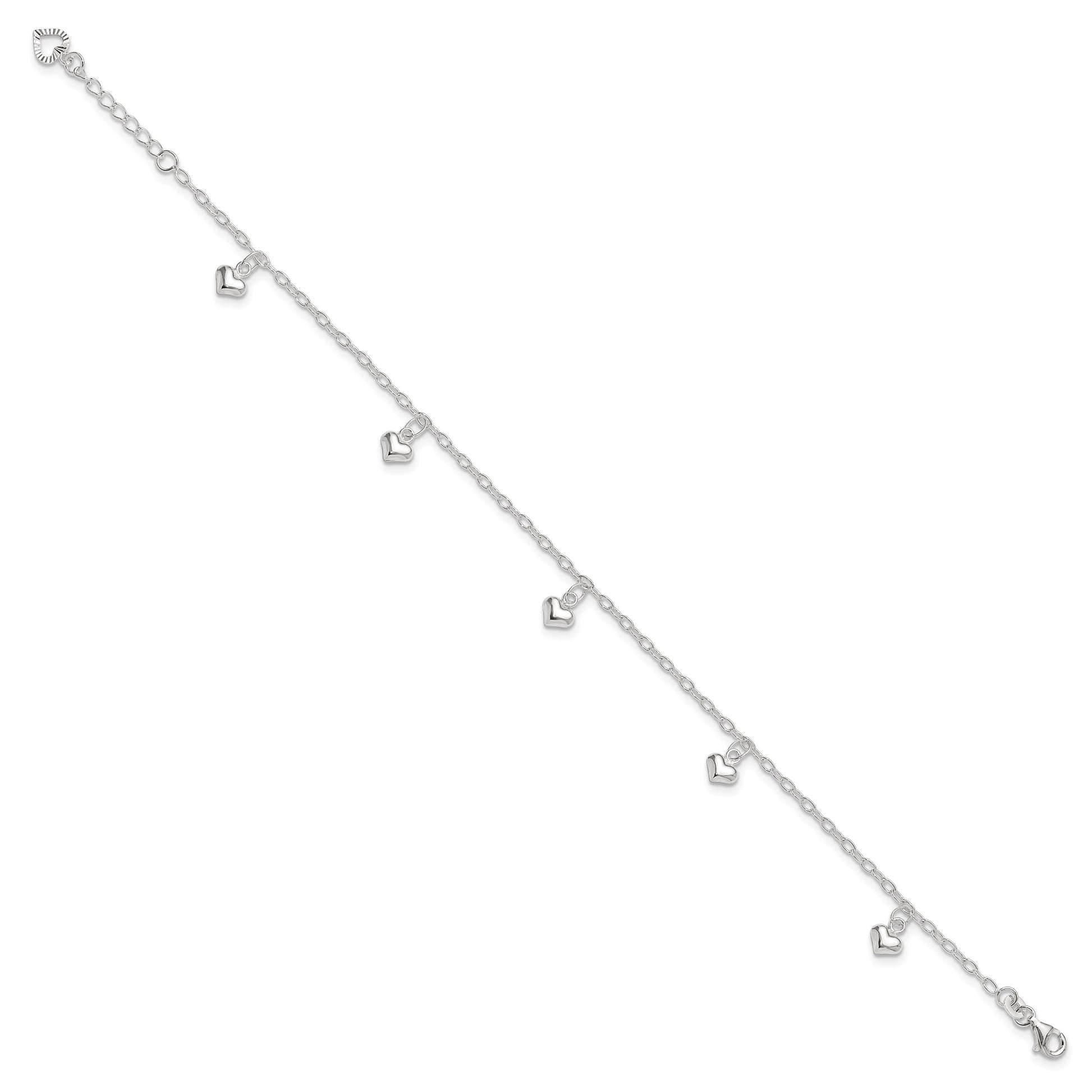 Sterling Silver Puffed Heart Charms 10 inch Plus 1 inch Extender - Total 11 inch Anklet