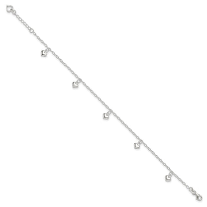 Sterling Silver Puffed Heart Charms 10 inch Plus 1 inch Extender - Total 11 inch Anklet