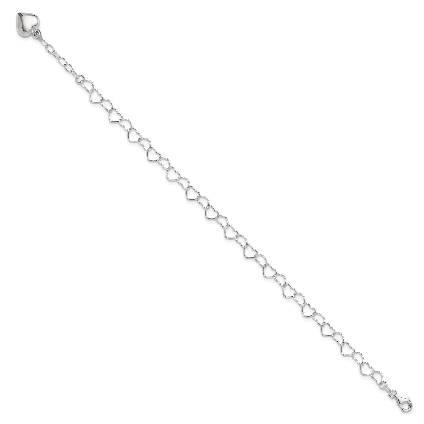 Sterling Silver Puffed Heart Dangle 10 inch Plus 1 inch Extender - Total 11 inch Anklet