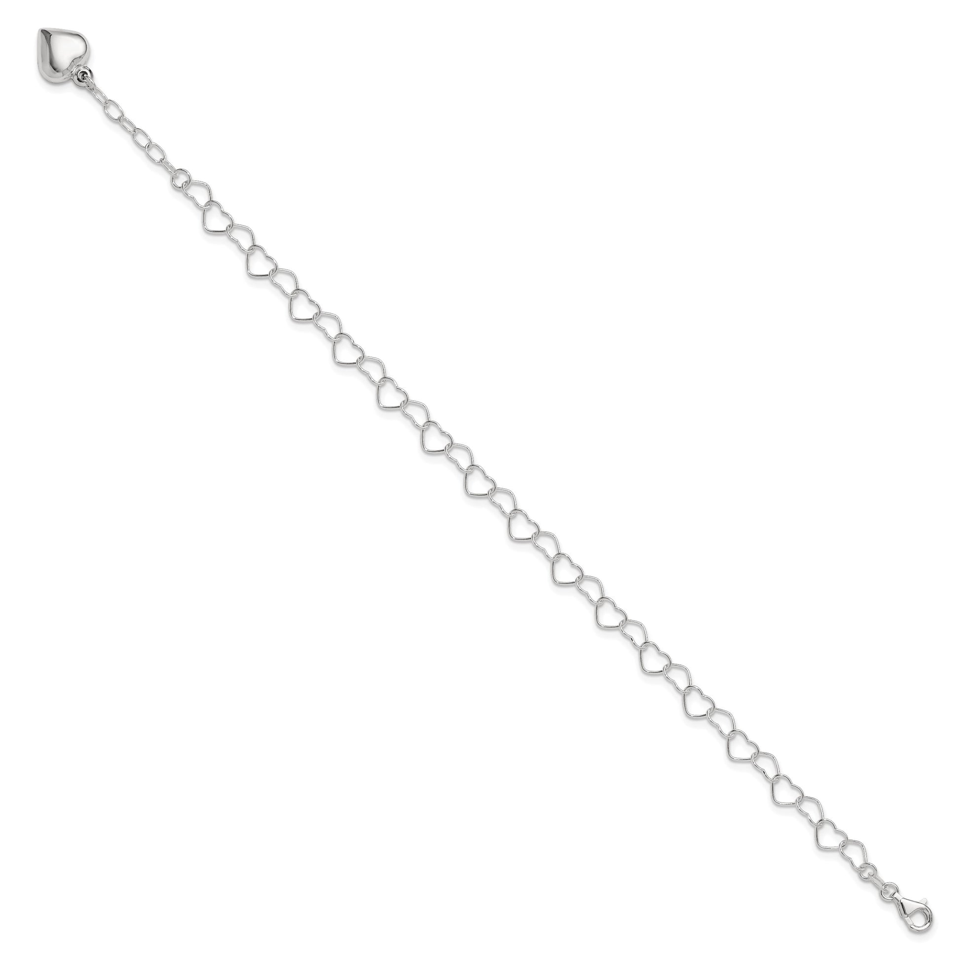 Sterling Silver Puffed Heart Dangle 10 inch Plus 1 inch Extender - Total 11 inch Anklet