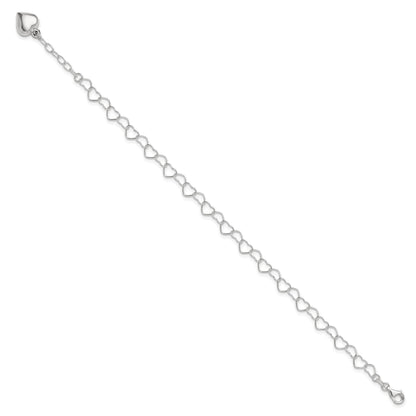Sterling Silver Puffed Heart Dangle 10 inch Plus 1 inch Extender - Total 11 inch Anklet