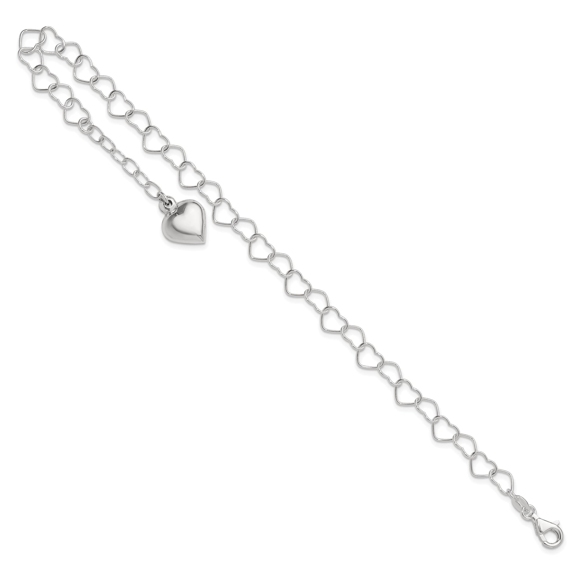 Sterling Silver Puffed Heart Dangle 9 inch Plus 1 inch Extender - Total 10 inch Anklet