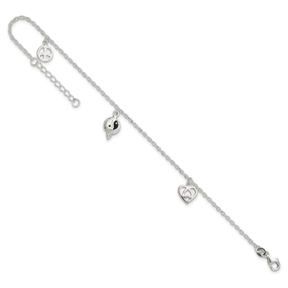 Sterling Silver Heart/YinYang/Peace Sign 8 inch Plus 1 inch Extender - Total 9 inch Anklet