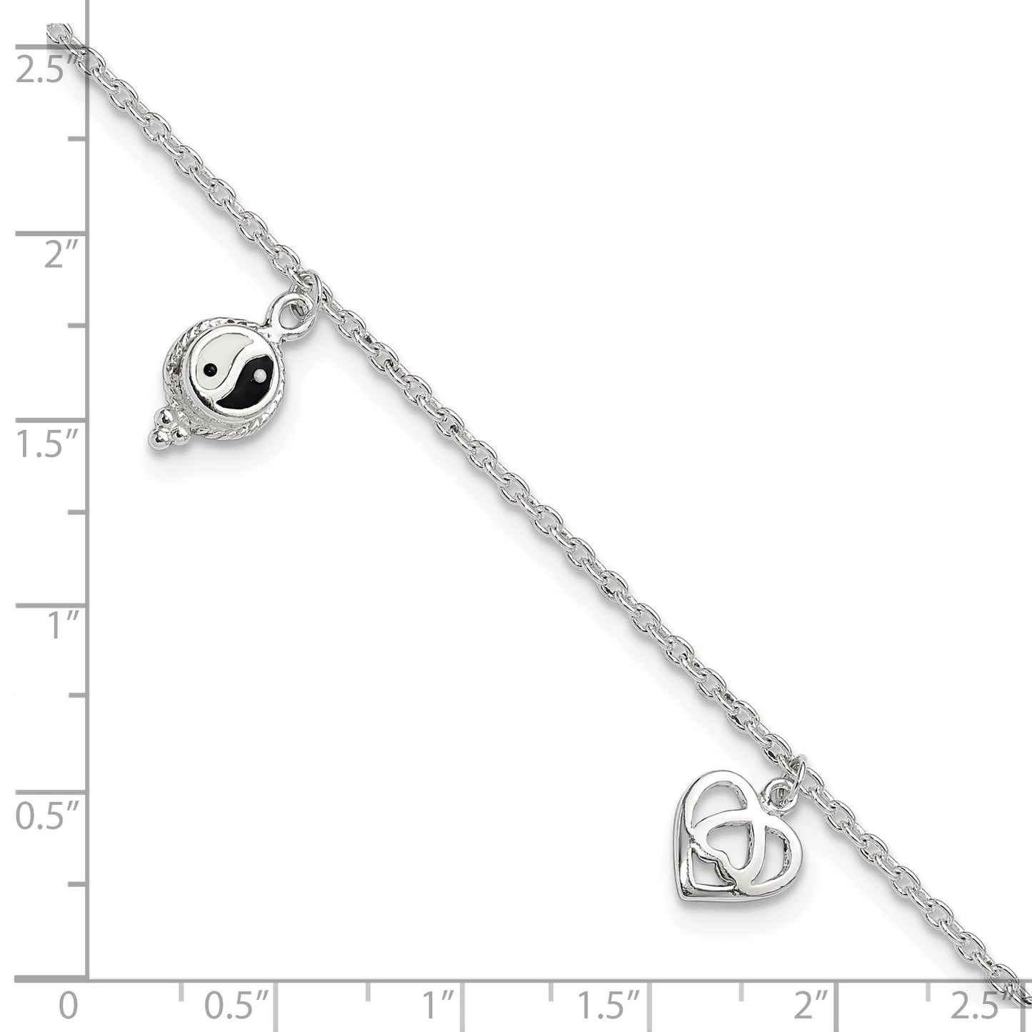 Sterling Silver Heart/YinYang/Peace Sign 8 inch Plus 1 inch Extender - Total 9 inch Anklet