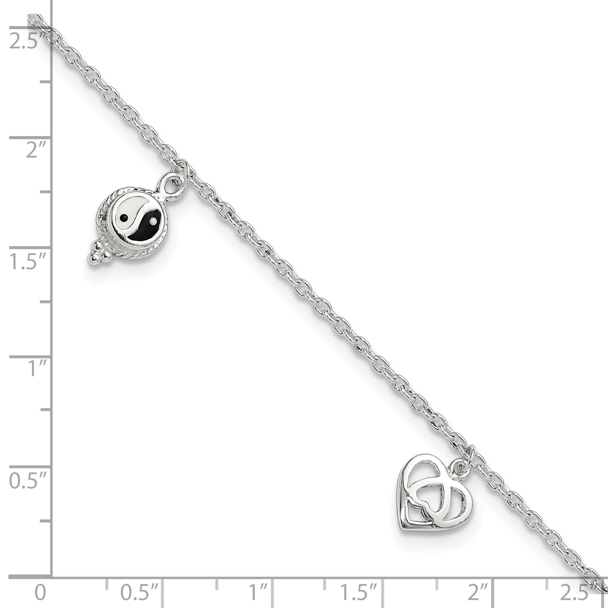Sterling Silver Heart/YinYang/Peace Sign 8 inch Plus 1 inch Extender - Total 9 inch Anklet