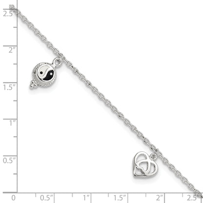 Sterling Silver Heart/YinYang/Peace Sign 8 inch Plus 1 inch Extender - Total 9 inch Anklet