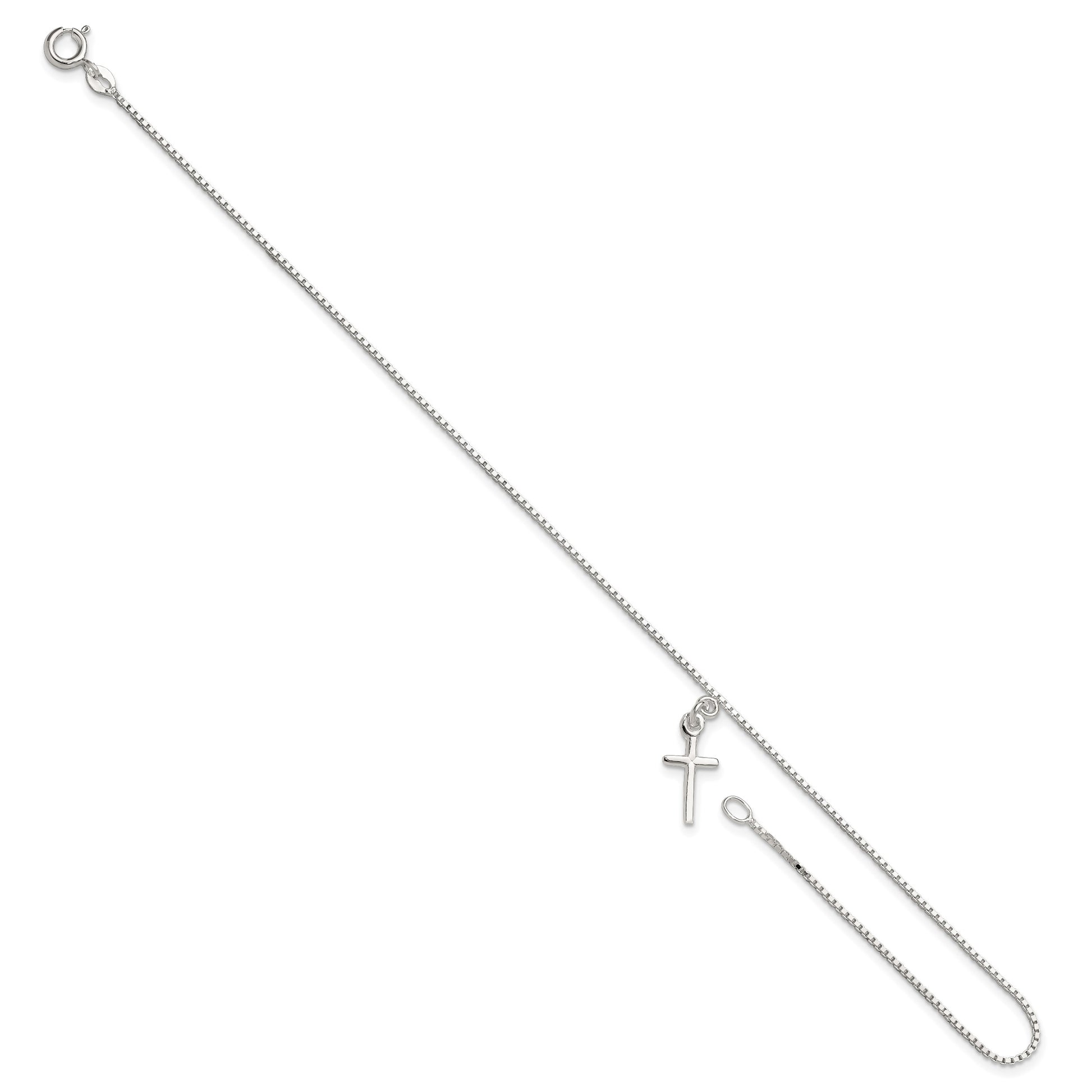 Sterling Silver 10 in Solid Polished Cross on Box Chain Anklet