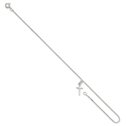 Sterling Silver 10 in Solid Polished Cross on Box Chain Anklet