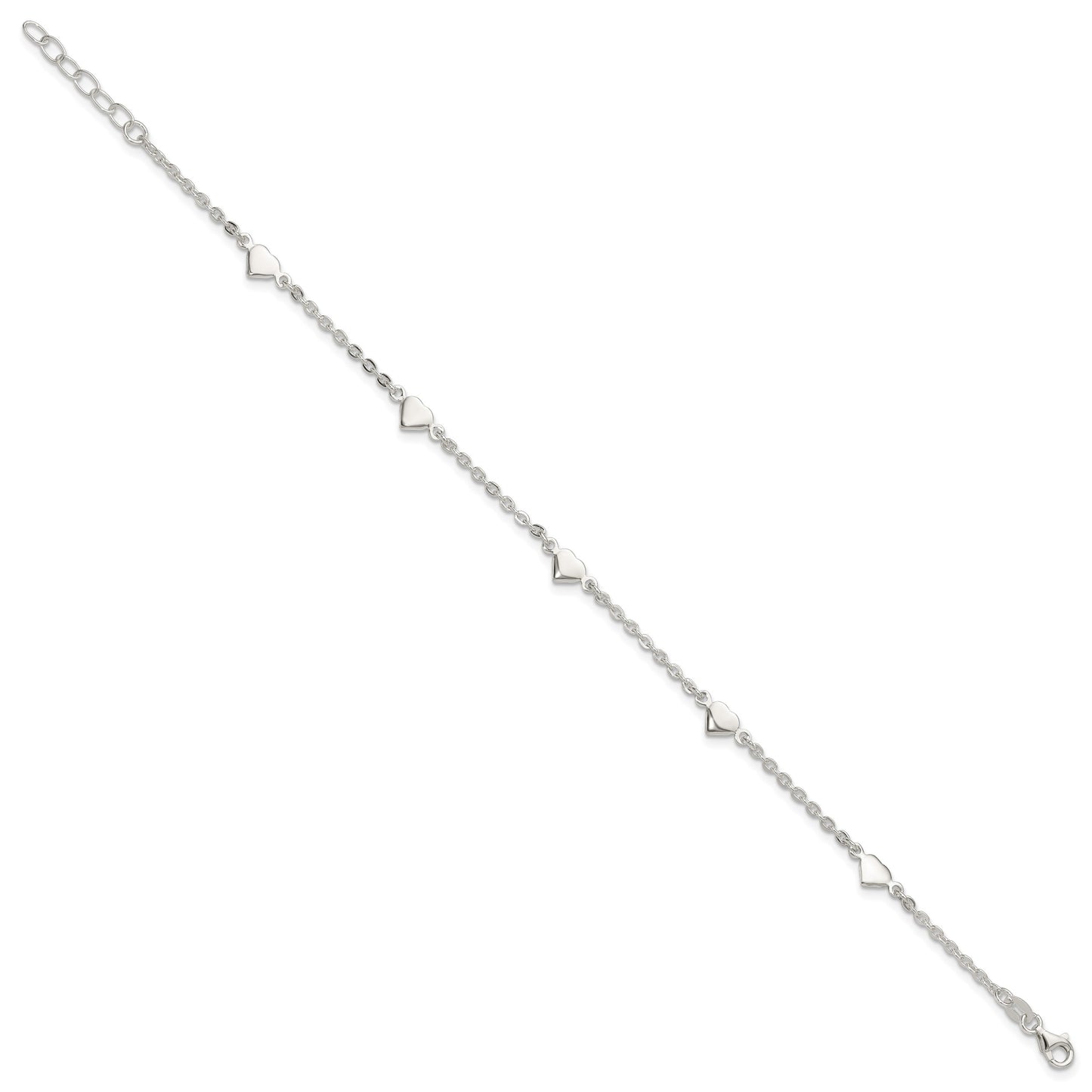 Sterling Silver Hearts 5-Station 9 inch Plus 1 inch Extender - Total 10 inch Anklet