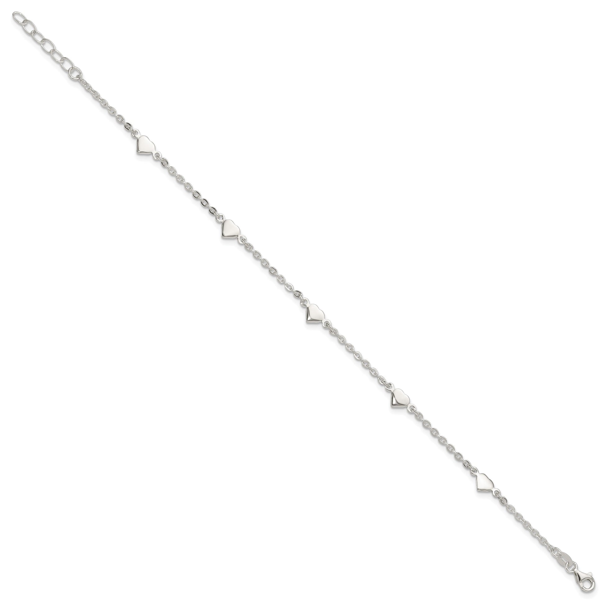Sterling Silver Hearts 5-Station 9 inch Plus 1 inch Extender - Total 10 inch Anklet