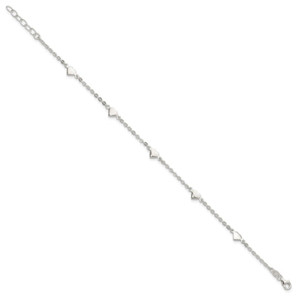 Sterling Silver Hearts 5-Station 9 inch Plus 1 inch Extender - Total 10 inch Anklet