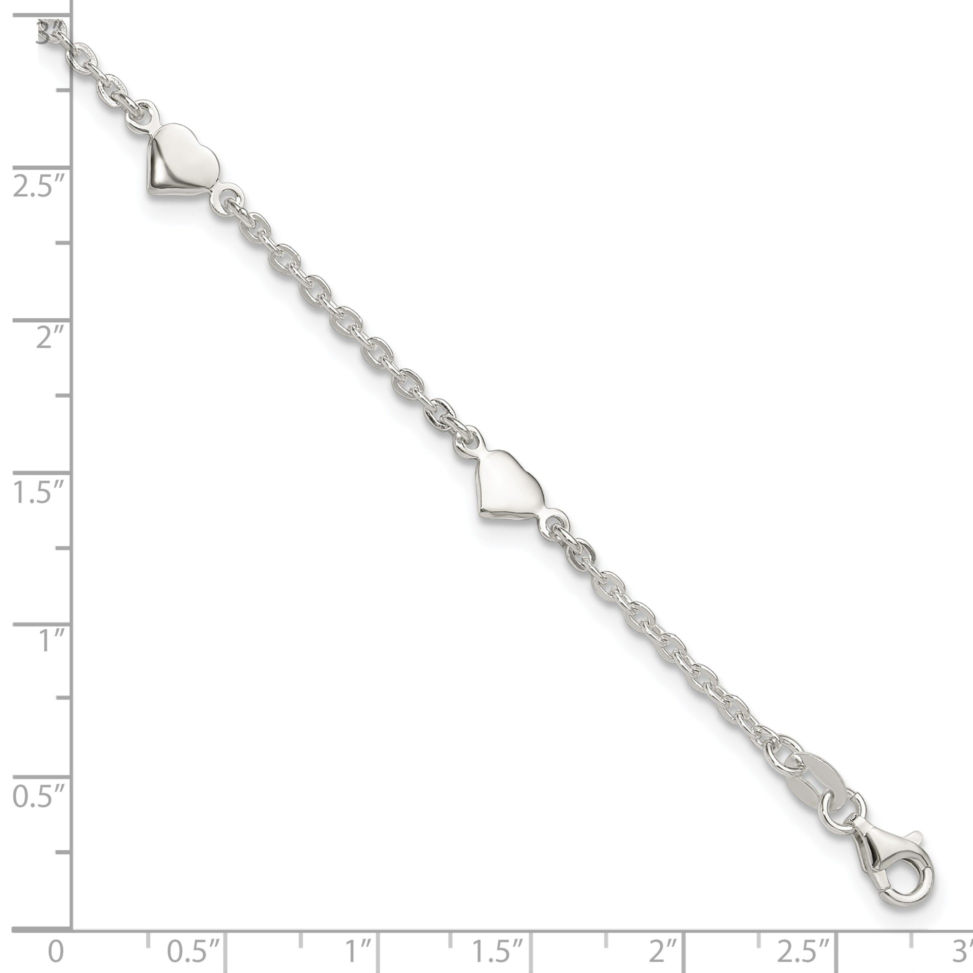 Sterling Silver Hearts 5-Station 9 inch Plus 1 inch Extender - Total 10 inch Anklet