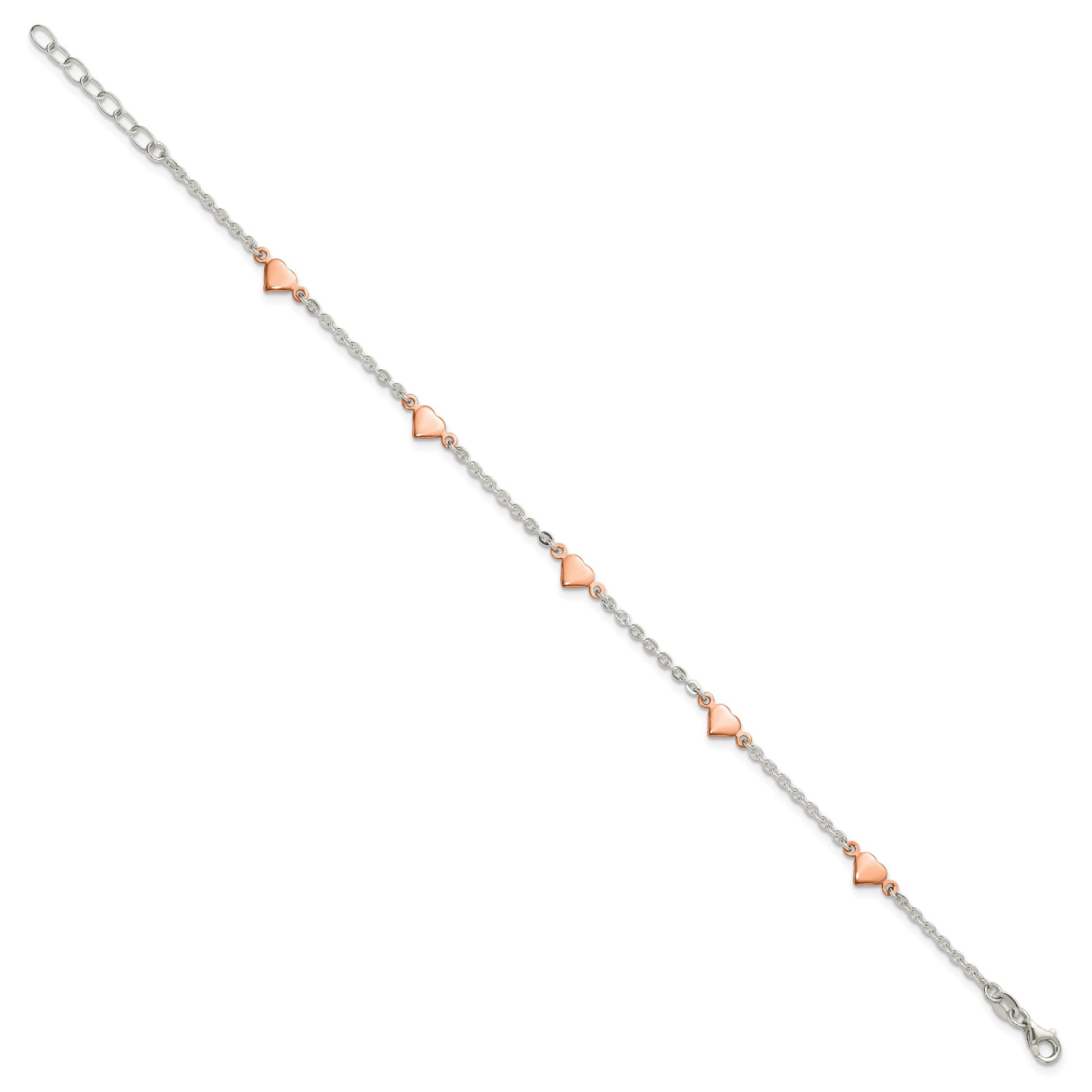 Sterling Silver Rose-tone Hearts 5-Station 9 inch Plus 1 inch Extender Anklet - Total 10 inch Anklet
