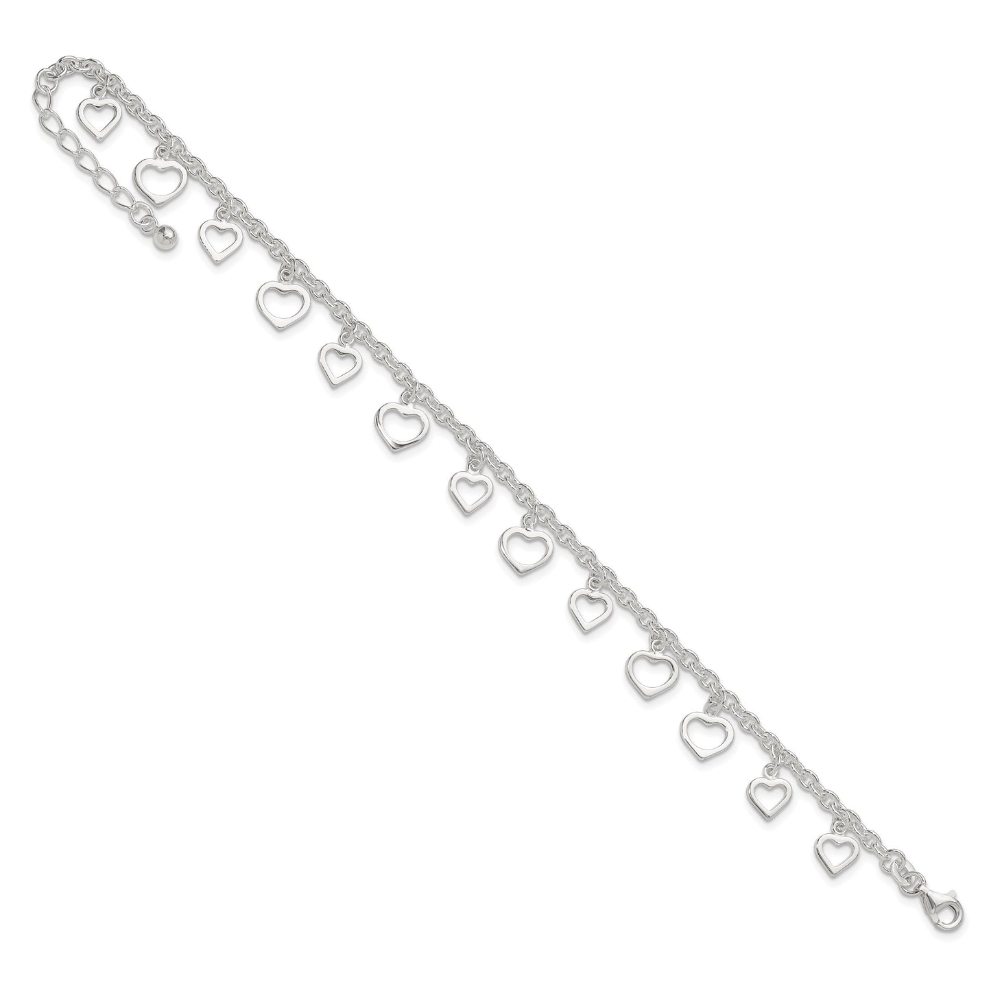 Sterling Silver Heart Charms 8 inch Plus 1 inch Extender - Total 9 inch Anklet