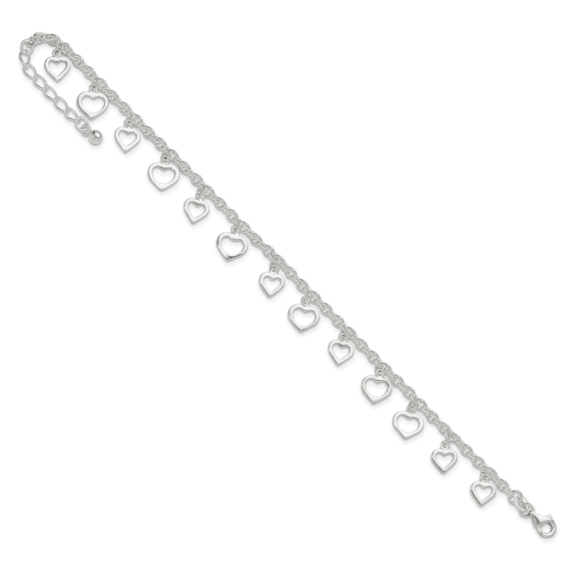 Sterling Silver Heart Charms 8 inch Plus 1 inch Extender - Total 9 inch Anklet