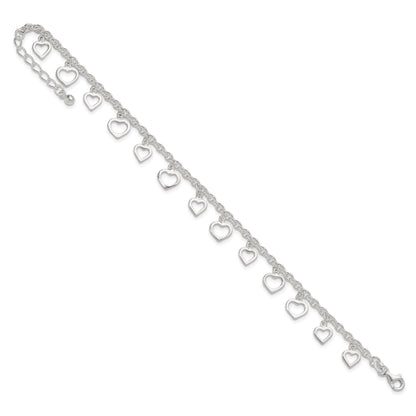 Sterling Silver Heart Charms 8 inch Plus 1 inch Extender - Total 9 inch Anklet