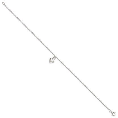 Sterling Silver 10inch Polished Puffed Heart Anklet
