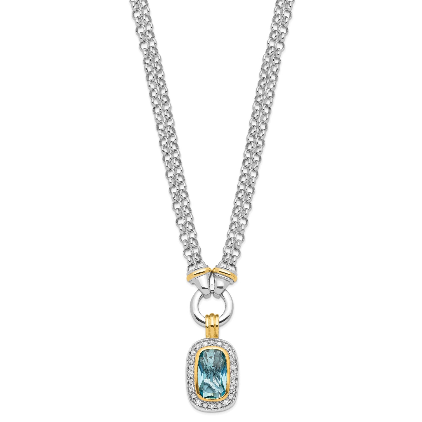 Sterling Silver Flash Gold-plated Clear and Blue CZ 16 inch Necklace