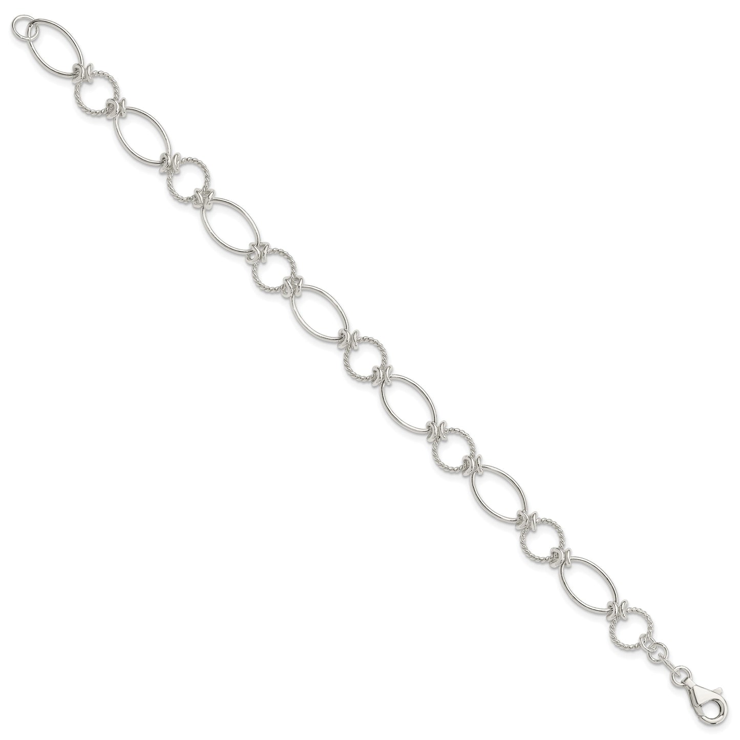 Sterling Silver Polished Textured Fancy Circle and Oval Link Bracelet