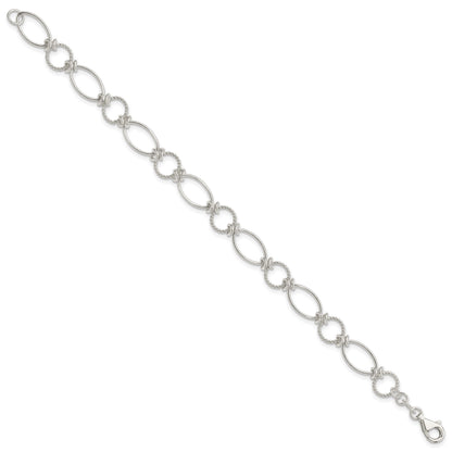 Sterling Silver Polished Textured Fancy Circle and Oval Link Bracelet