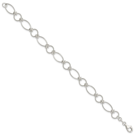 Sterling Silver Polished Textured Fancy Circle and Oval Link Bracelet
