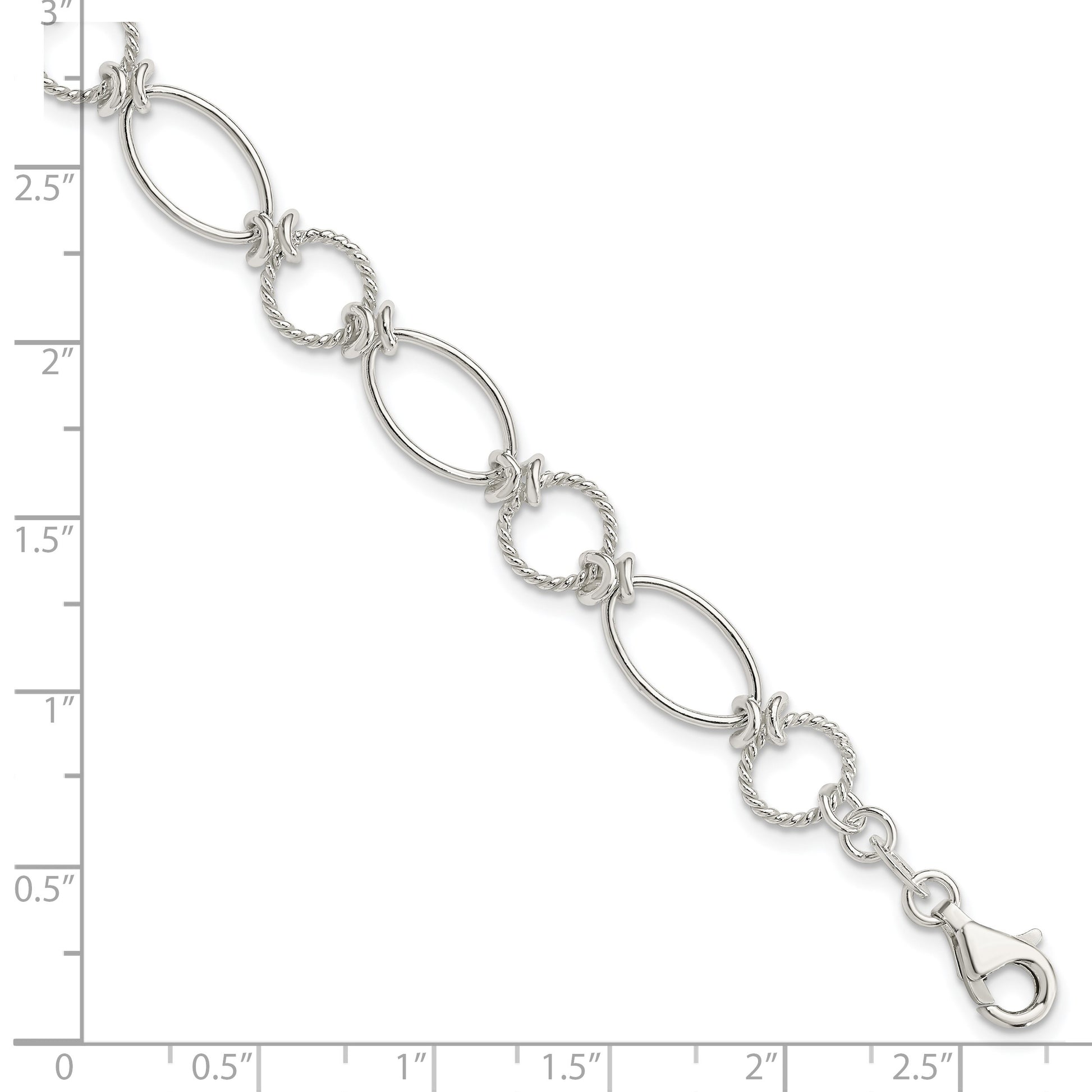 Sterling Silver Polished Textured Fancy Circle and Oval Link Bracelet