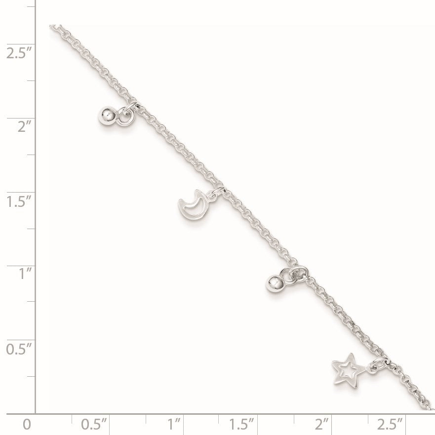 Sterling Silver Star and Moon 9 inch Plus 1 inch Extender - Total 10 inch Anklet