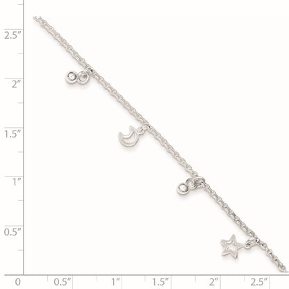 Sterling Silver Star and Moon 9 inch Plus 1 inch Extender - Total 10 inch Anklet