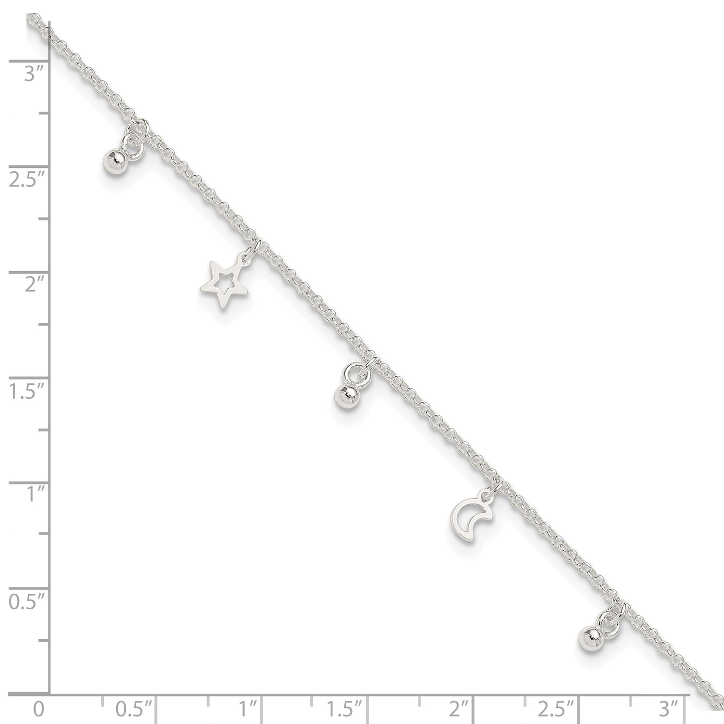 Sterling Silver Star and Moon 9 inch Plus 1 inch Extender - Total 10 inch Anklet