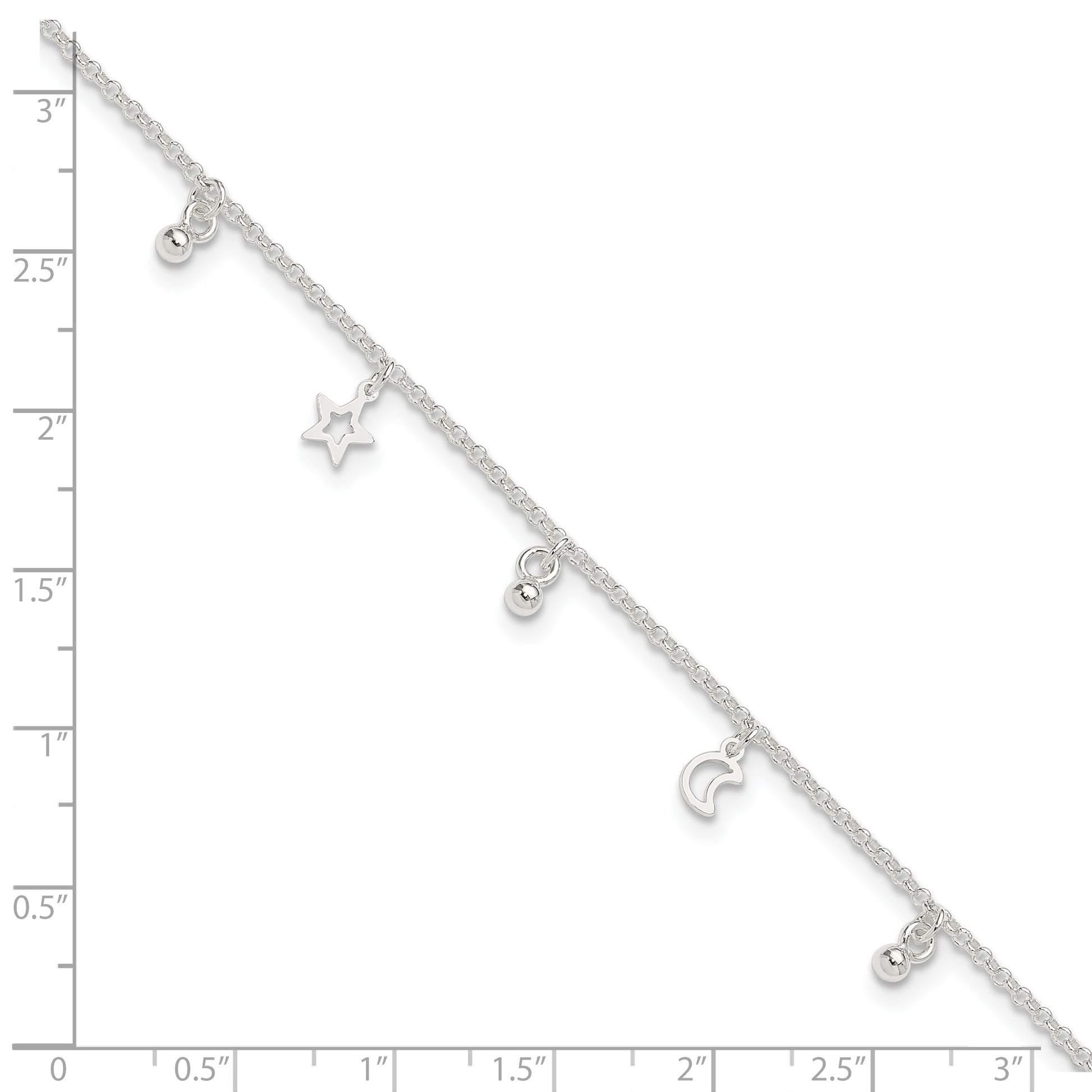 Sterling Silver Star and Moon 9 inch Plus 1 inch Extender - Total 10 inch Anklet