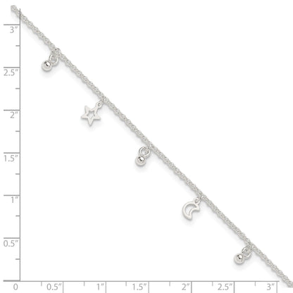 Sterling Silver Star and Moon 9 inch Plus 1 inch Extender - Total 10 inch Anklet