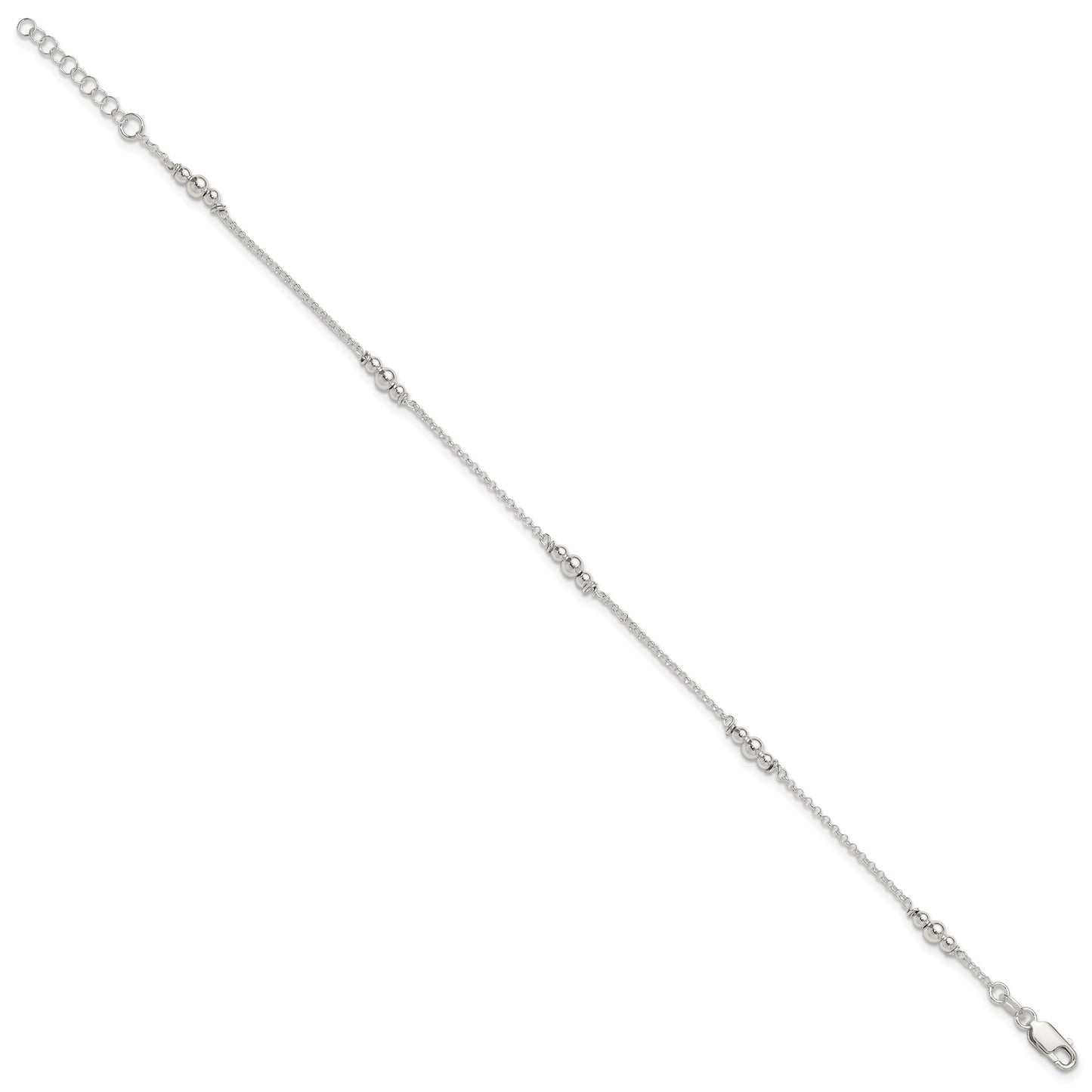Sterling Silver Beaded 5-Station 9 inch Plus 1 inch Extender - Total 10 inch Anklet