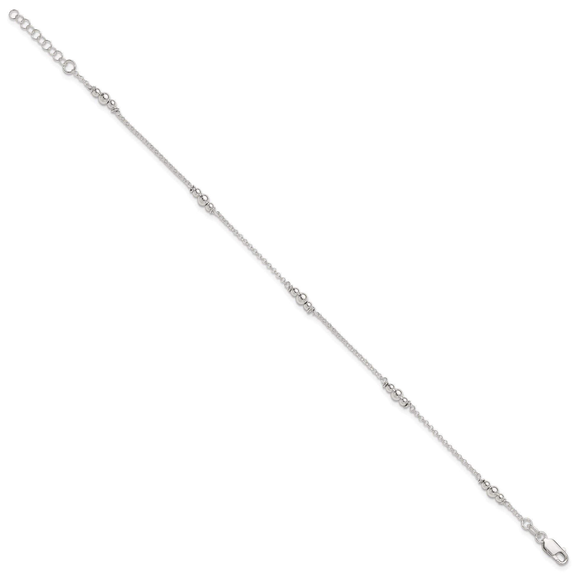 Sterling Silver Beaded 5-Station 9 inch Plus 1 inch Extender - Total 10 inch Anklet