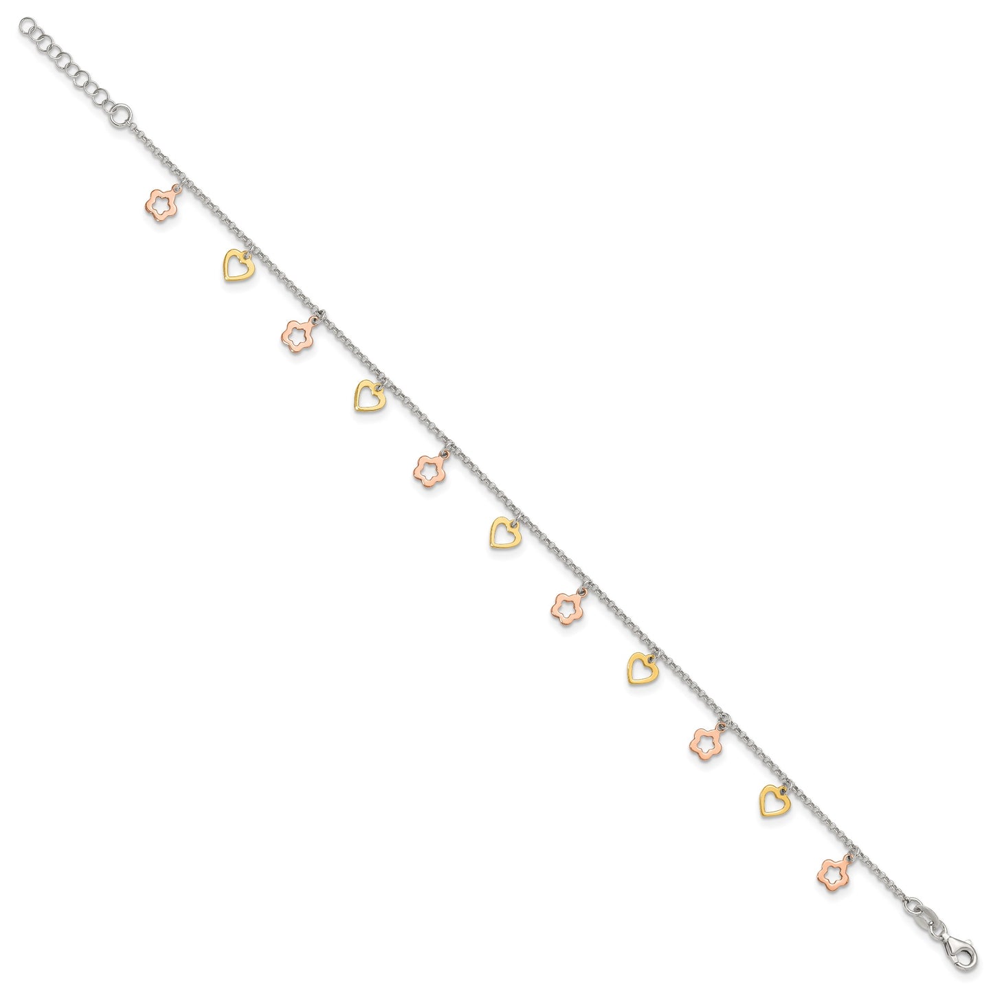 Sterling Silver Gold-tone Hearts and Rose-tone Flowers 9 inch Plus 1 inch Extender - Total 10 inch Anklet