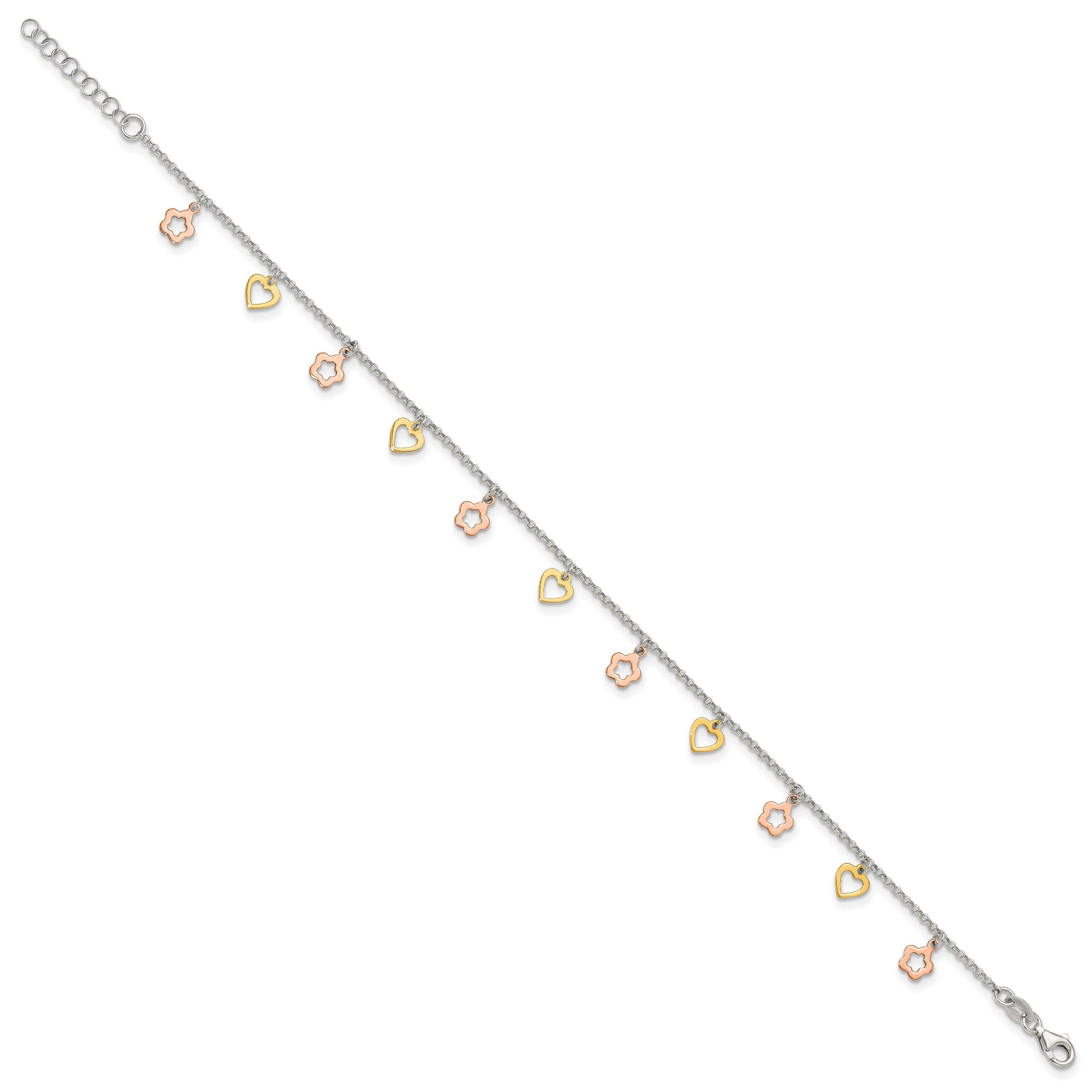 Sterling Silver Gold-tone Hearts and Rose-tone Flowers 9 inch Plus 1 inch Extender - Total 10 inch Anklet