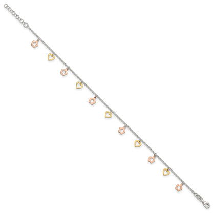 Sterling Silver Gold-tone Hearts and Rose-tone Flowers 9 inch Plus 1 inch Extender - Total 10 inch Anklet