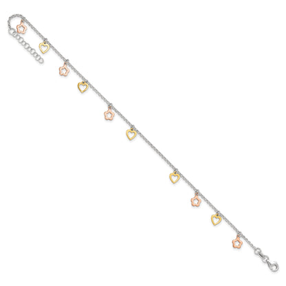 Sterling Silver Gold-tone Hearts and Rose-tone Flowers 9 inch Plus 1 inch Extender - Total 10 inch Anklet
