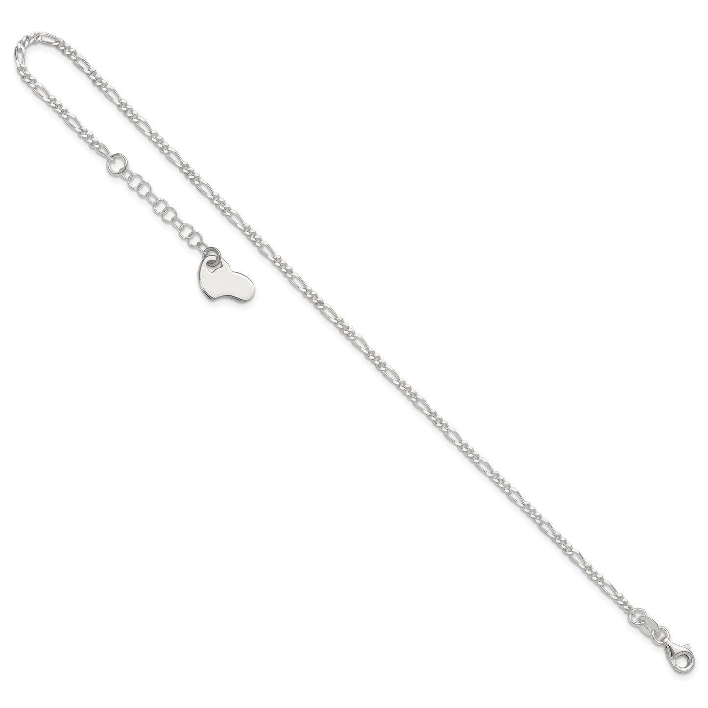 Sterling Silver Figaro with Heart Dangle 9 inch Plus 1 inch Extender - Total 10 inch Anklet