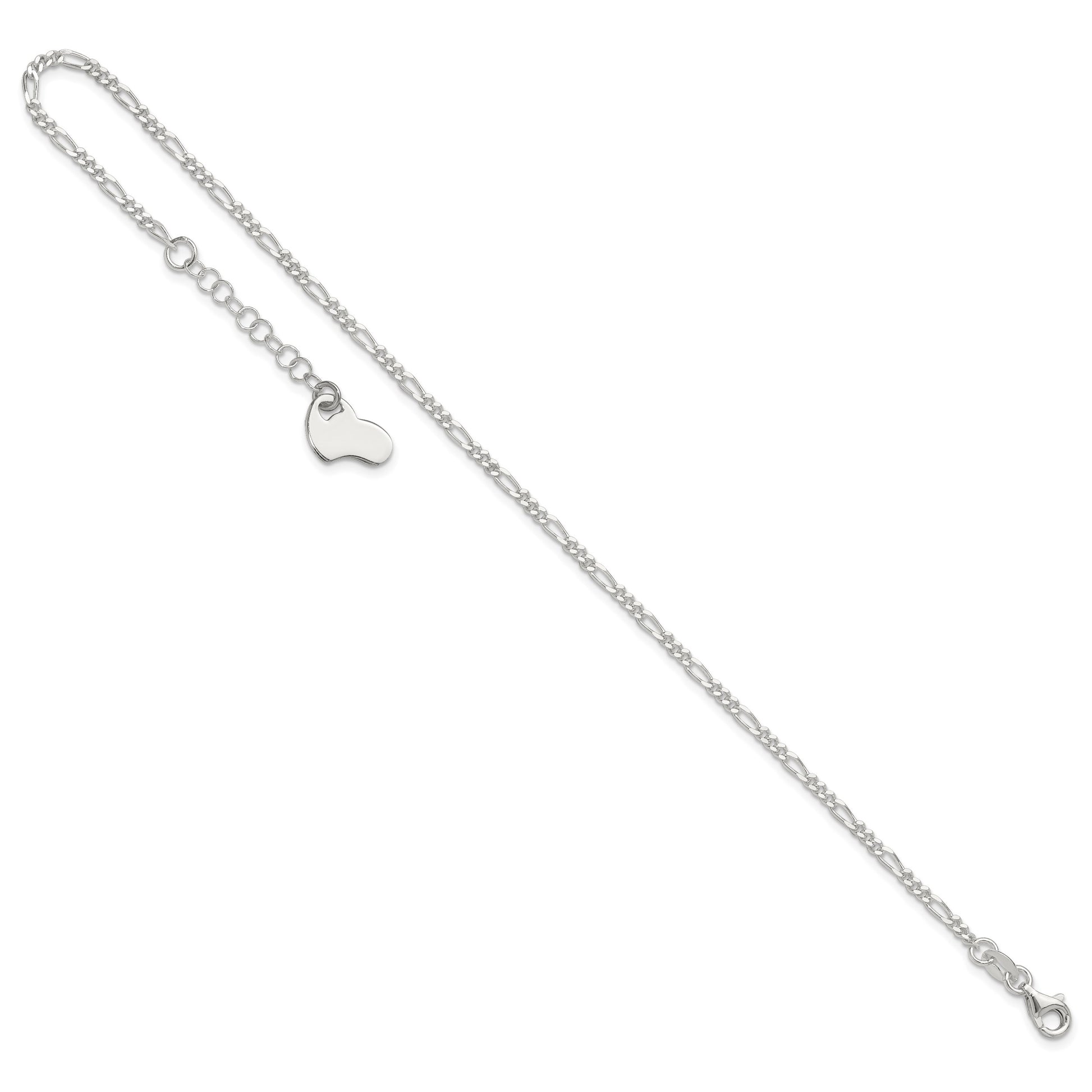 Sterling Silver Figaro with Heart Dangle 9 inch Plus 1 inch Extender - Total 10 inch Anklet