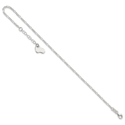 Sterling Silver Figaro with Heart Dangle 9 inch Plus 1 inch Extender - Total 10 inch Anklet
