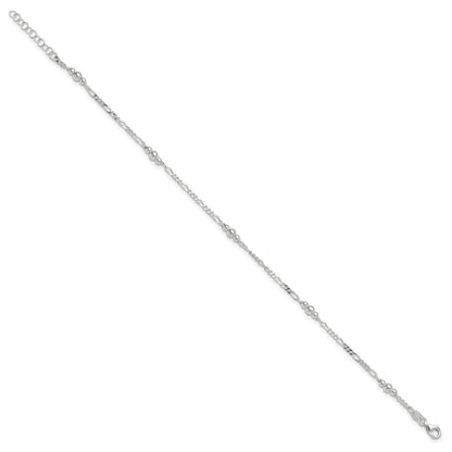 Sterling Silver Beaded Figaro 5-Station 9 inch Plus 1 inch Extender - Total 10 inch Anklet