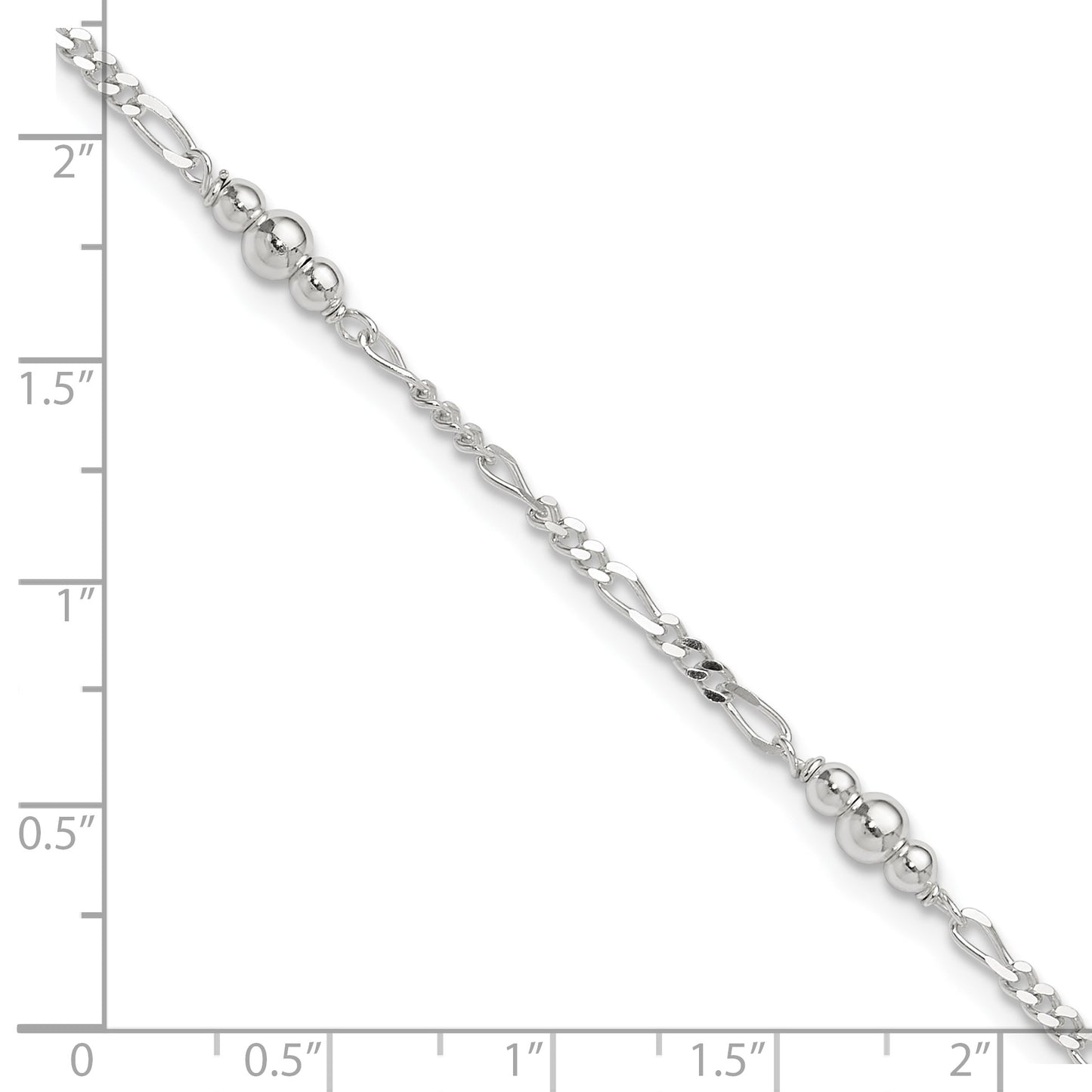Sterling Silver Beaded Figaro 5-Station 9 inch Plus 1 inch Extender - Total 10 inch Anklet