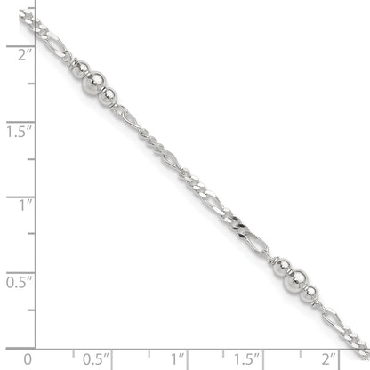 Sterling Silver Beaded Figaro 5-Station 9 inch Plus 1 inch Extender - Total 10 inch Anklet