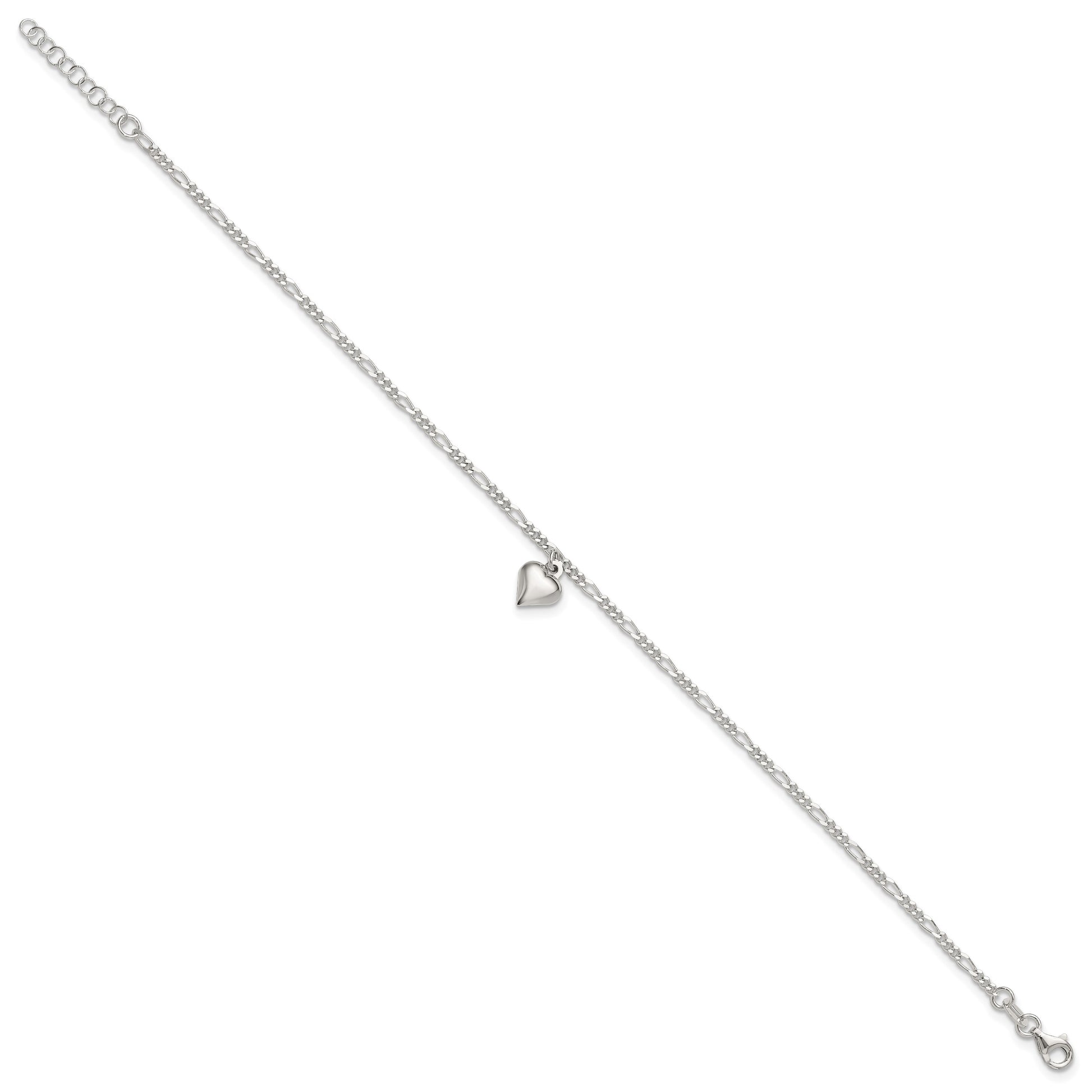 Sterling Silver Figaro Chain with Heart Charm 9 inch Plus 1 inch Extender - Total 10 inch Anklet